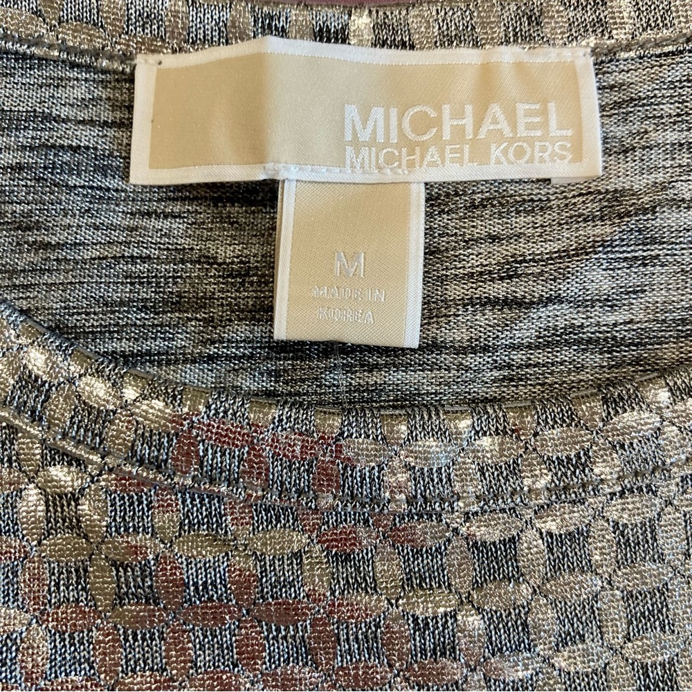 NWT Michael Kors Silver Metallic Silver Long Sleeve Cold Shoulder Pullover Top M - Picture 10 of 13